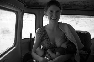 Feeding Veda in the back of a jeep in Wadi Rum
